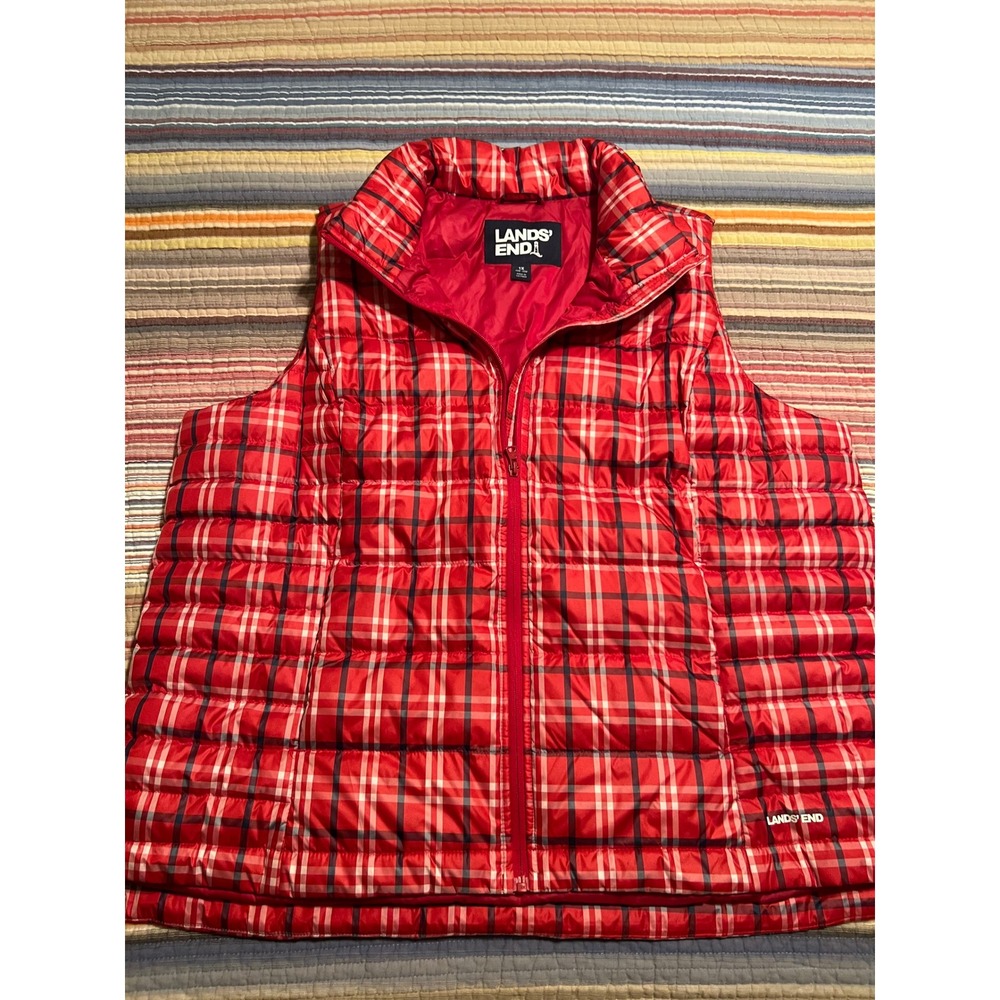 Lands' End Womens Puffer Vest 1X Red Plaid Full Zip Sleeveless Outdoor